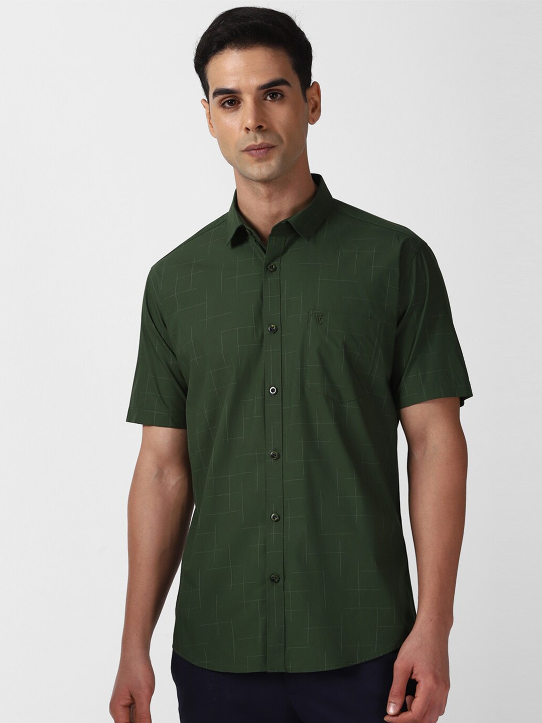 

V Dot Checked Cotton Slim Fit Spread Collar Curved Casual Shirt, Olive