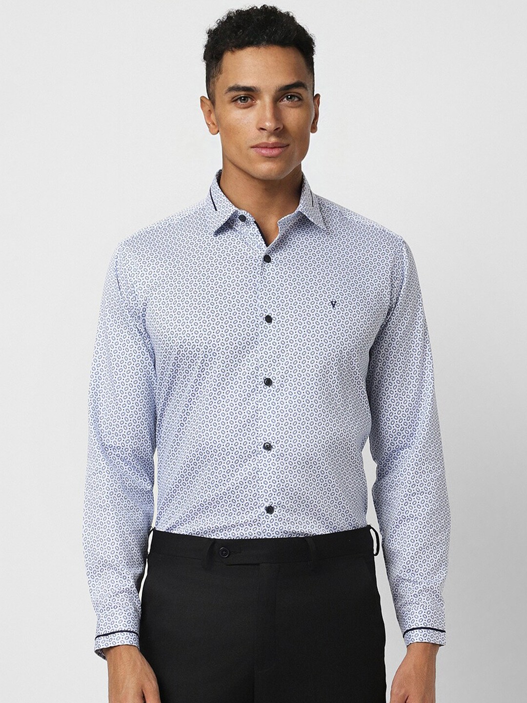 

V Dot Micro Ditsy Printed Cotton Spread Collar Slim Fit Straight Formal Shirt, Blue