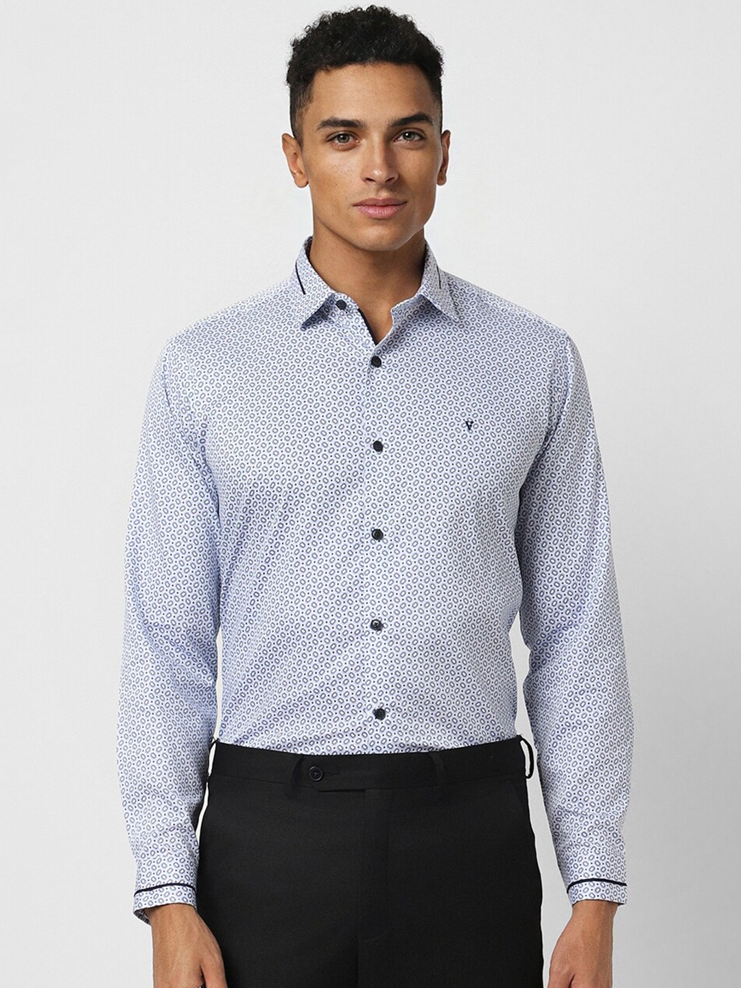 

V Dot Micro Ditsy Printed Cotton Spread Collar Slim Fit Straight Formal Shirt, Blue