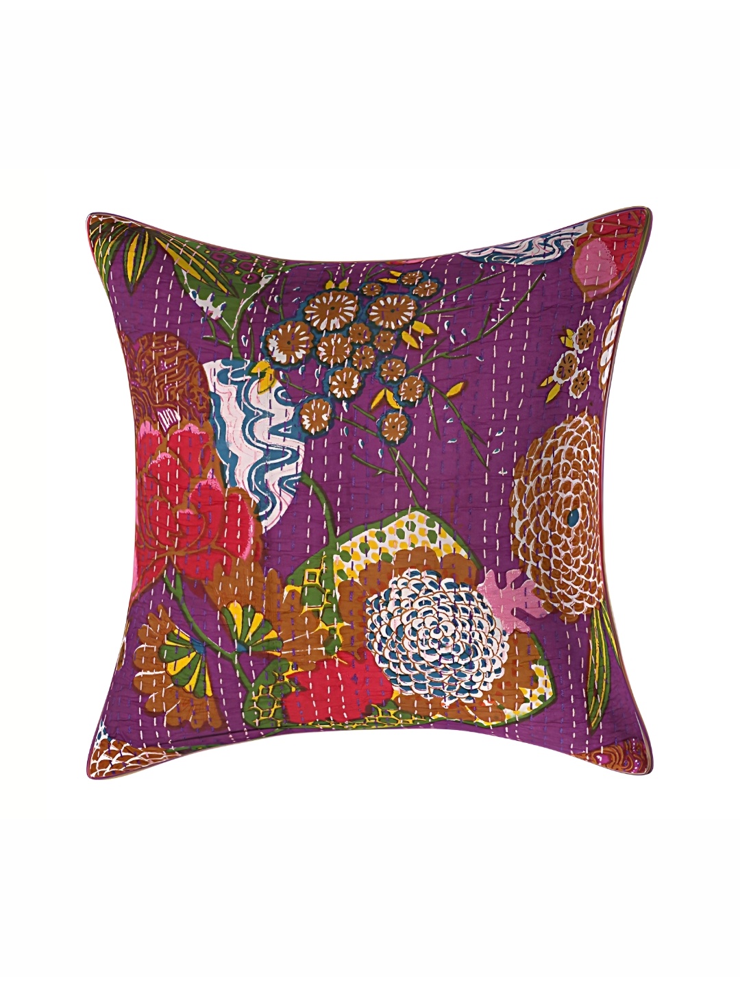 

REGMESS Purple & Blue Floral Kantha Embroidered Square Cotton Cushion Cover