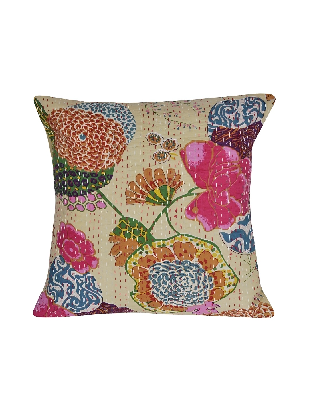 

REGMESS Beige & Red Floral Kantha Embroidered Square Cotton Cushion Cover