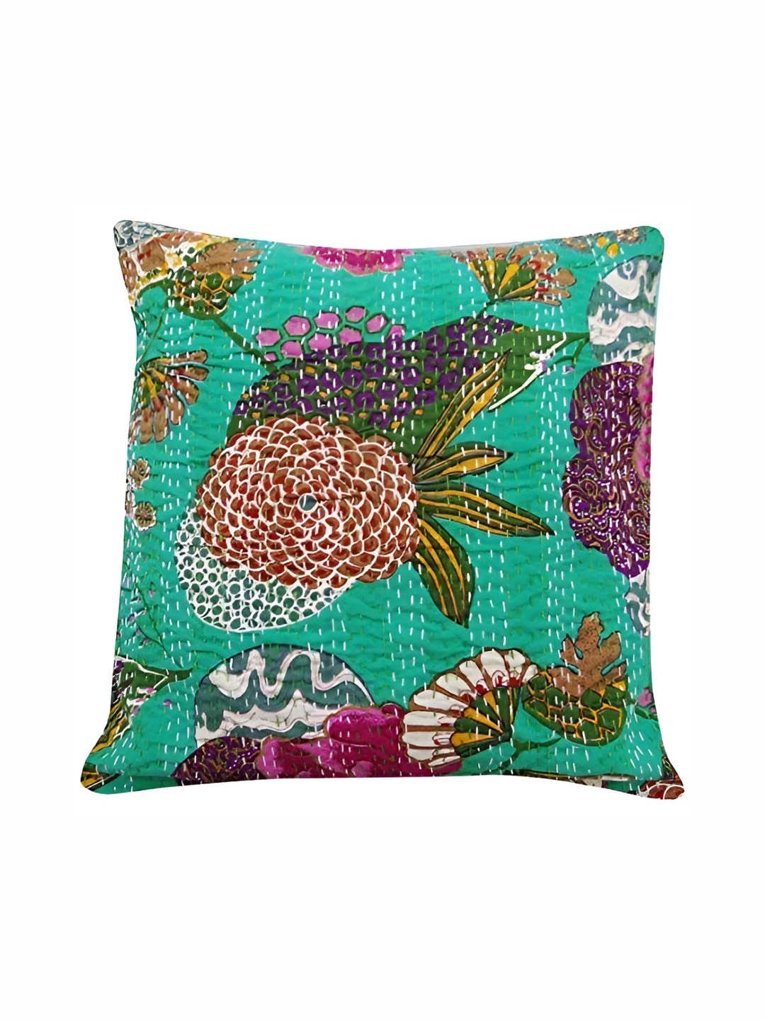 

REGMESS Green & Purple Kantha Embroidered Square Cotton Cushion Cover