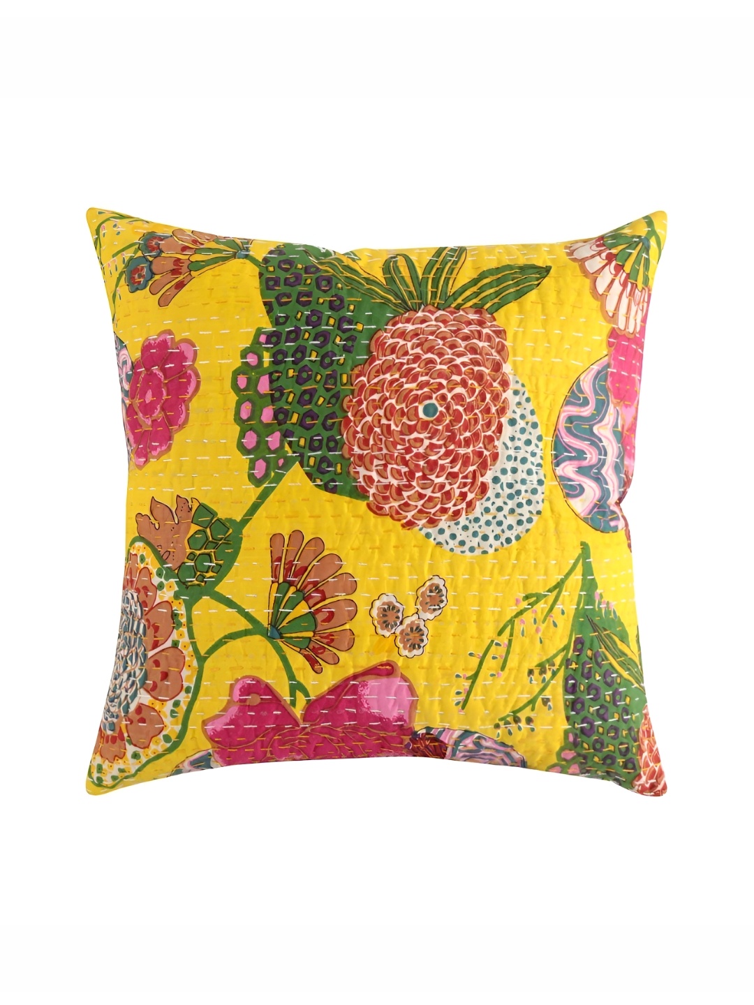

REGMESS Yellow & Green Floral Kantha Embroidered Square Cotton Cushion Cover