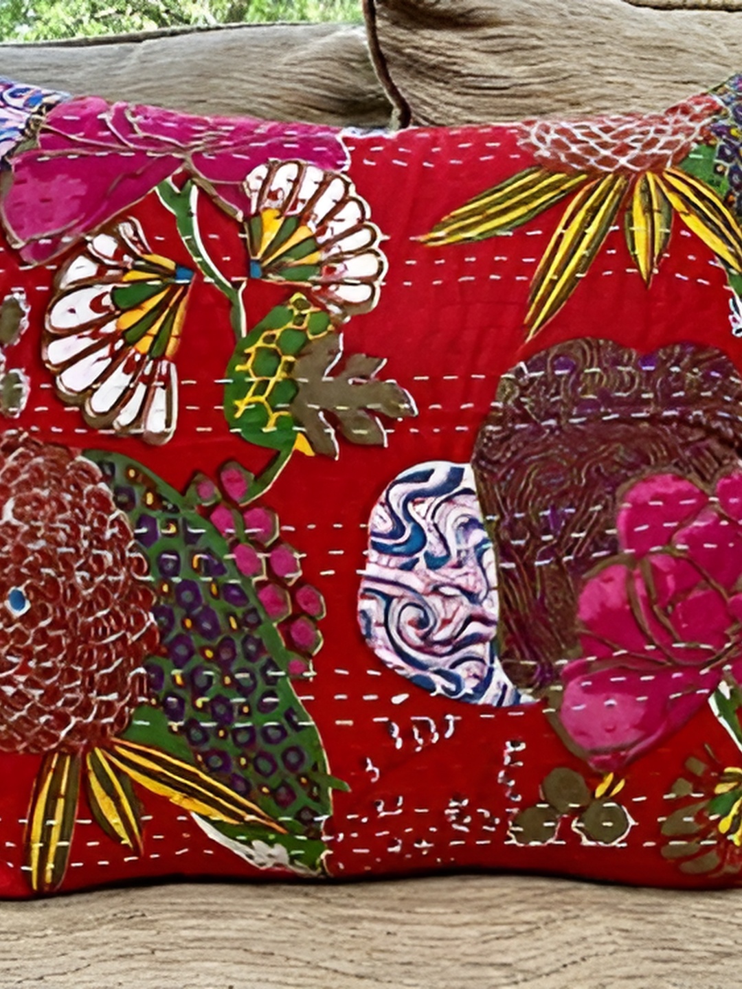 

REGMESS Red & White Floral Kantha Embroidered Square Cotton Cushion Cover