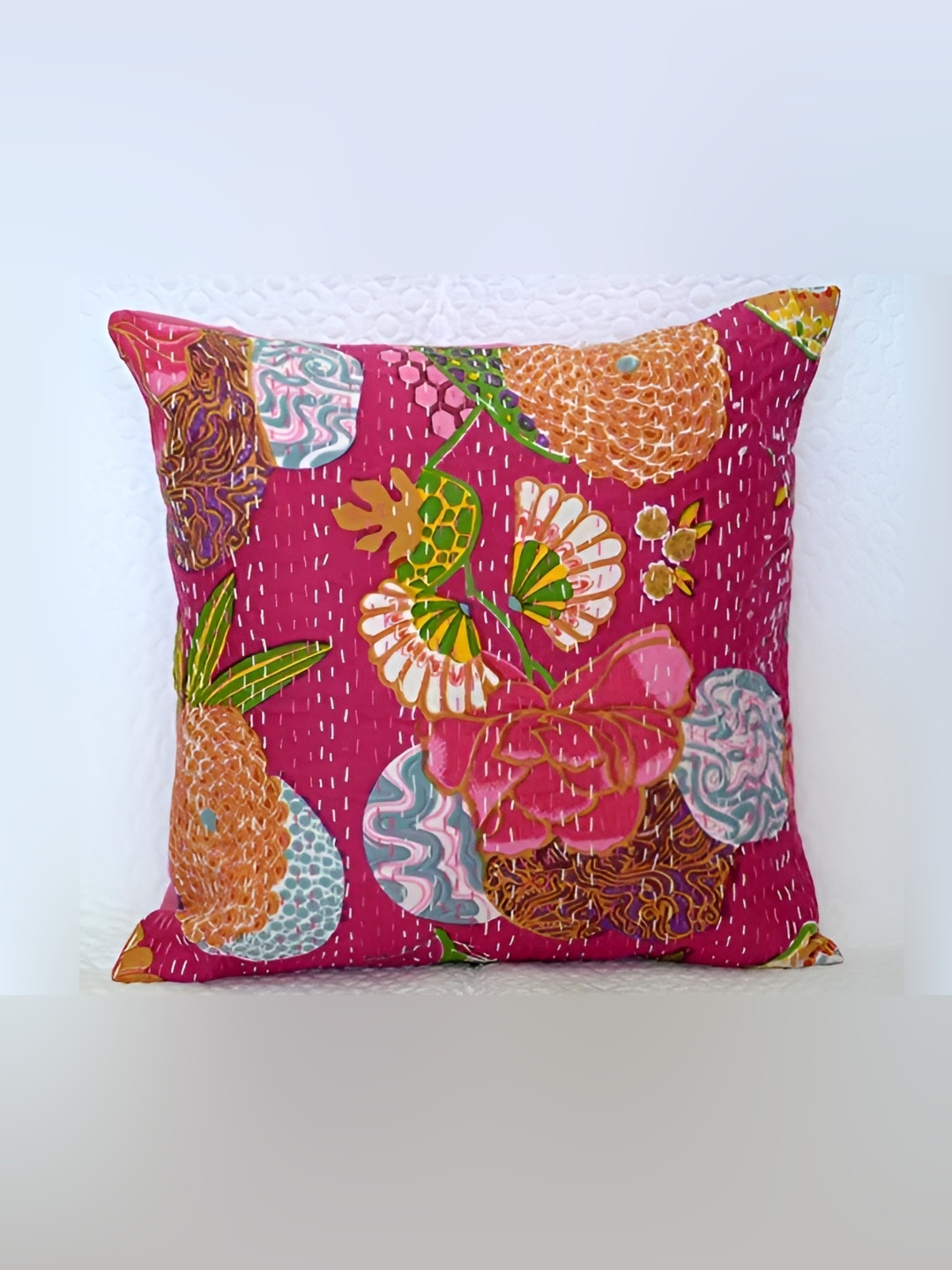 

REGMESS Pink & Green Floral Kantha Embroidered Square Cotton Cushion Cover