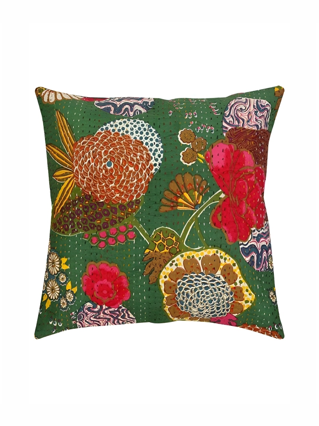 

REGMESS Green & Red Floral Kantha Embroidered Square Cotton Cushion Cover