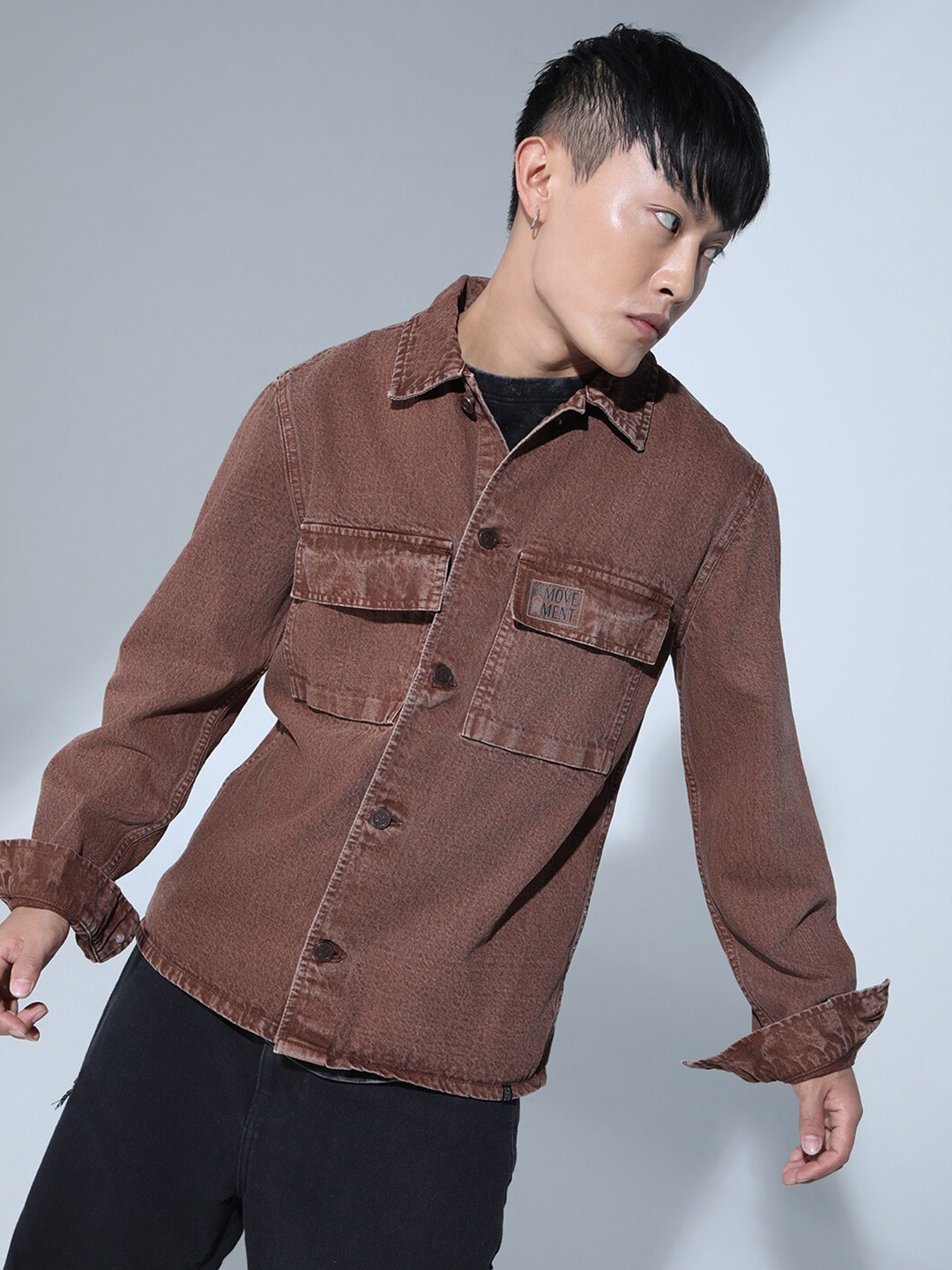 

Hubberholme Spread Collar Classic Opaque Cotton Oversized Shacket, Brown