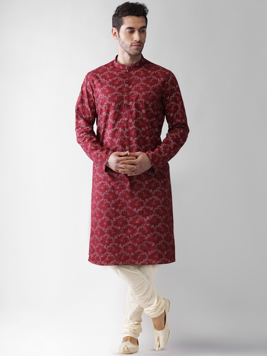 

KISAH Mandarin Collar Long Sleeves Floral Printed Straight Kurta with Churidar, Maroon