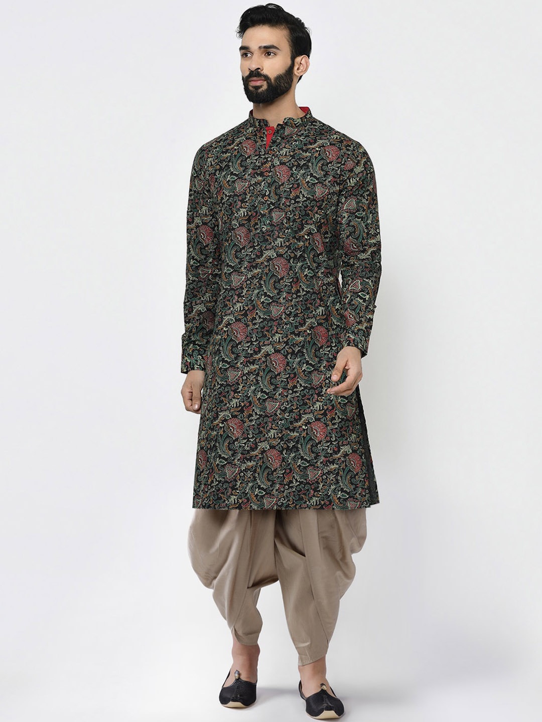 

KISAH Men Mandarin Collar Long Sleeves Floral Printed Kurta with Dhoti Pants, Black