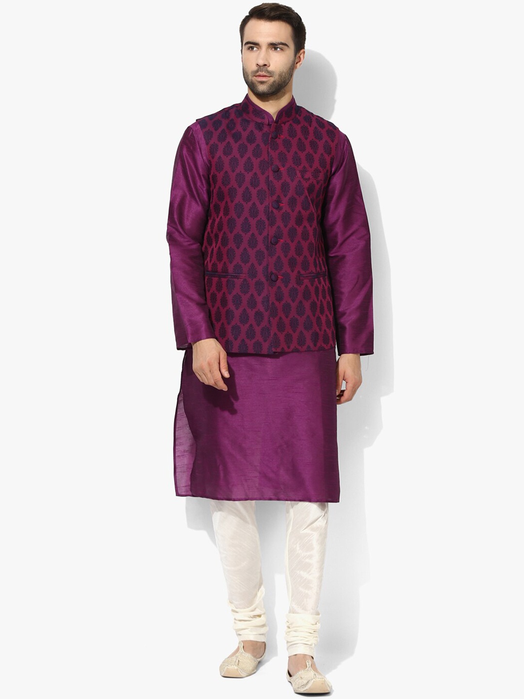 

KISAH Mandarin Collar Long Sleeves Kurta with Churidar & Nehru Jacket, Purple