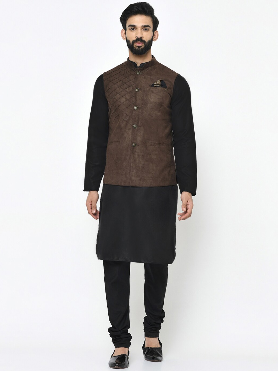 

KISAH Mandarin Collar Long Sleeves Kurta with Churidar & Nehru Jacket, Black