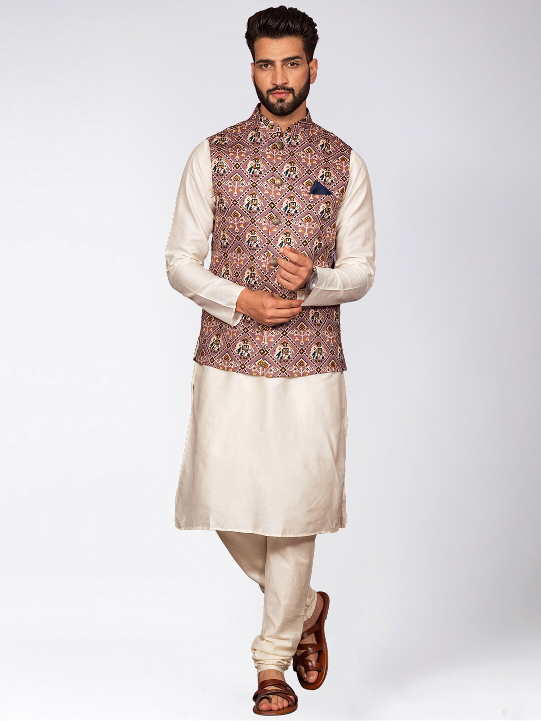 

KISAH Mandarin Collar Long Sleeves Kurta with Churidar & Nehru Jacket, Off white