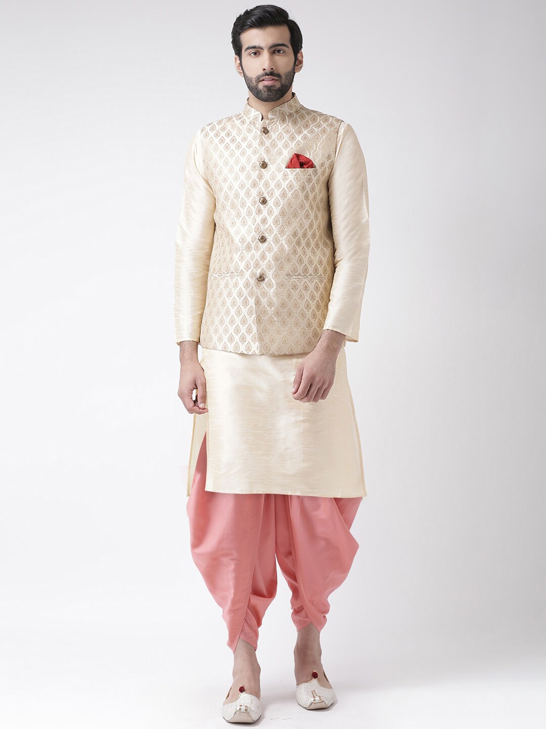

KISAH Mandarin Collar Long Sleeves Kurta with Churidar & Nehru Jacket, Cream