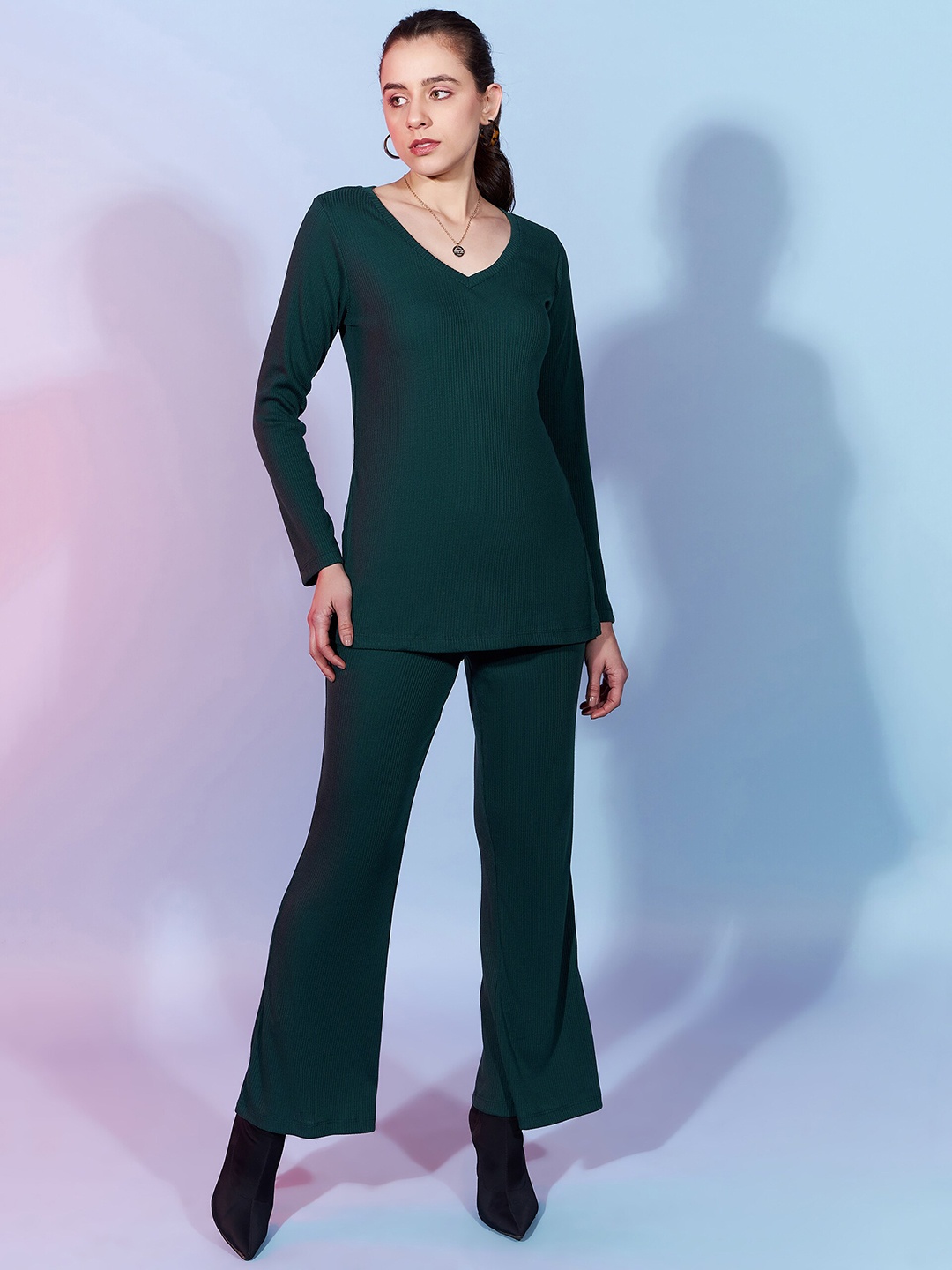 

DressBerry Ribbed V-Neck Top & Trouser, Green