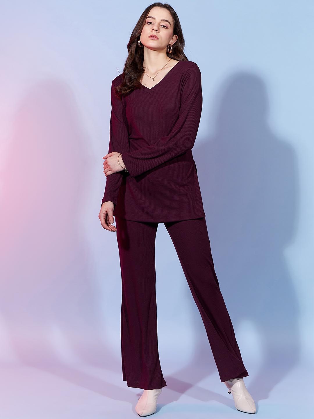 

DressBerry Burgundy Ribbed V-Neck Top With Trousers