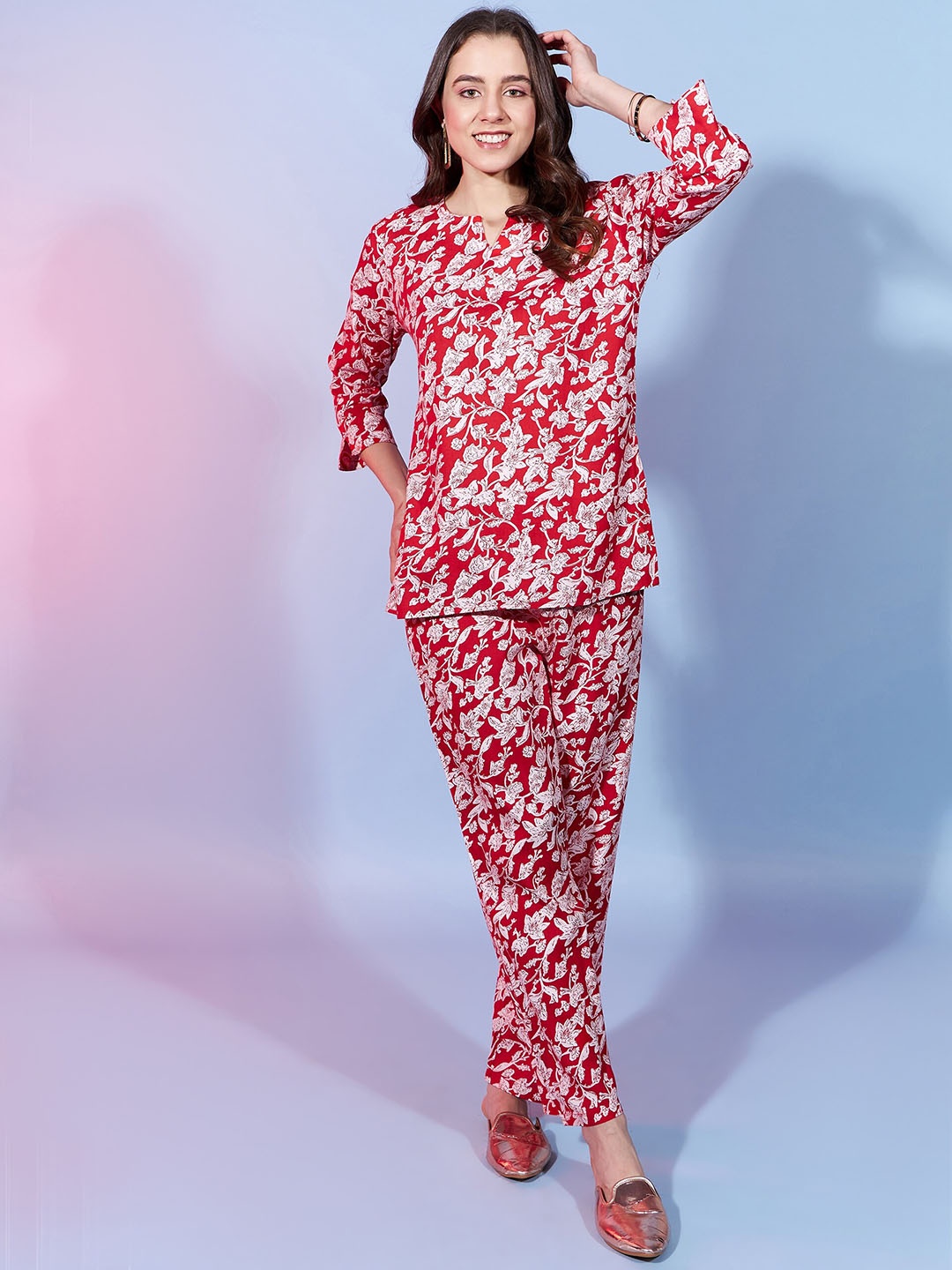 

DressBerry Red Floral Printed Top & Trouser