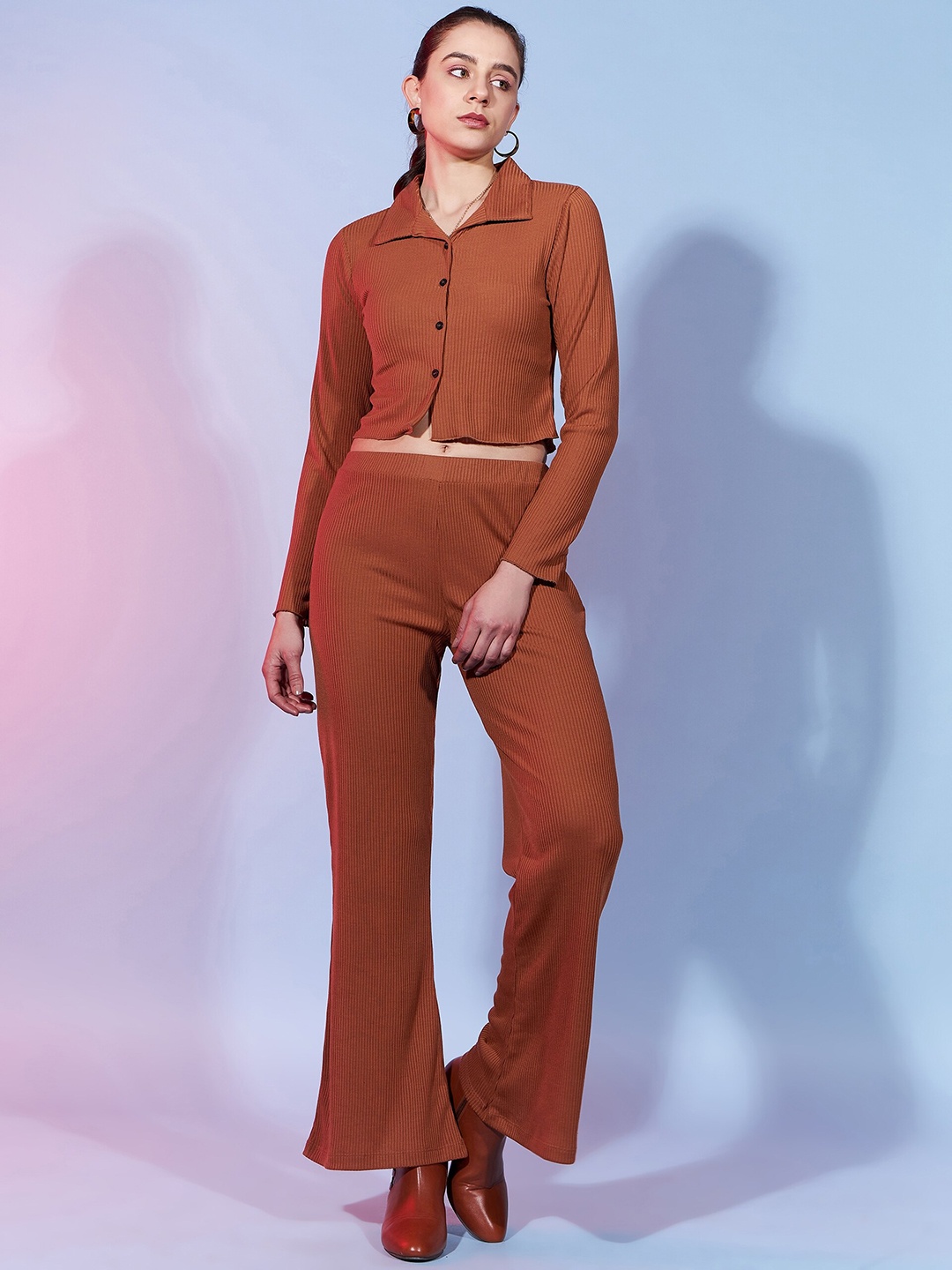 

DressBerry Pure Cotton Shirt Collar Top With Trouser, Brown
