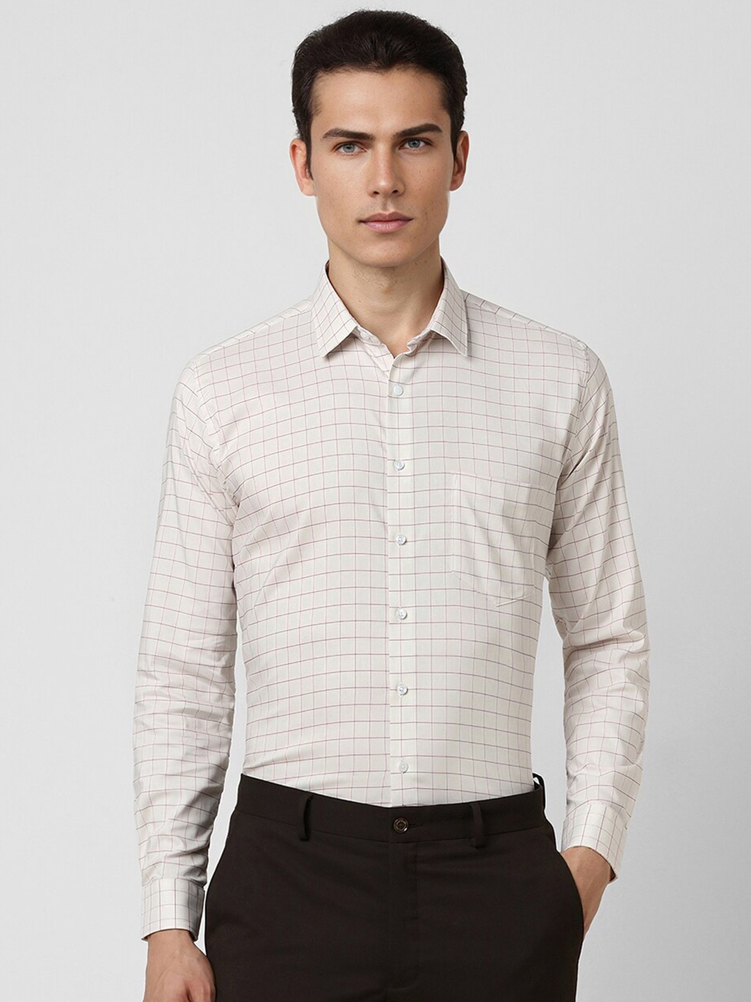 

Van Heusen Slim Fit Horizontal Stripes Checked Cotton Formal Shirt, Beige