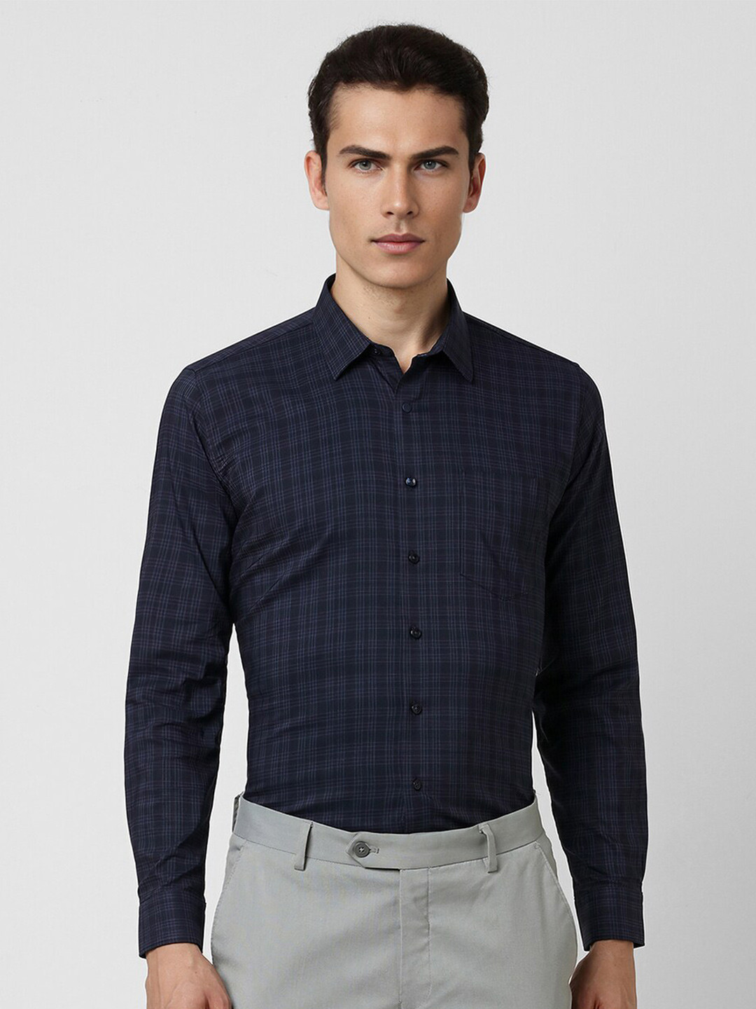 

Van Heusen Spread Collar Slim Fit Tartan Checked Formal Shirt, Navy blue