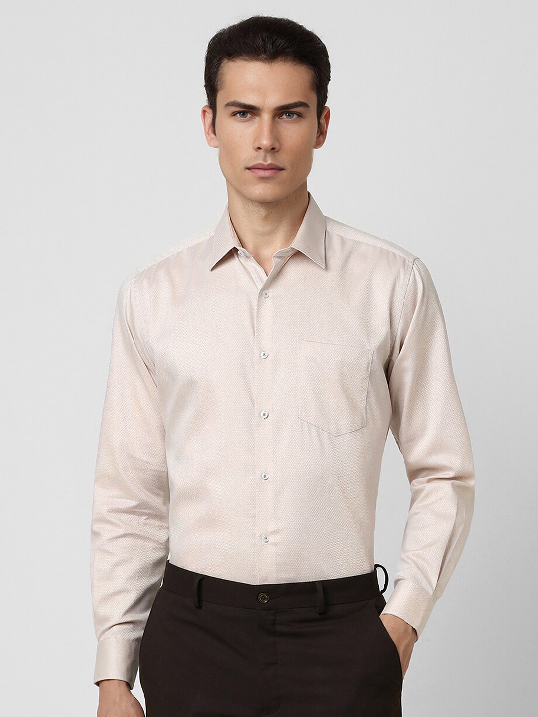 Van Heusen Regular Fit Textured Cotton Party Shirt, Beige