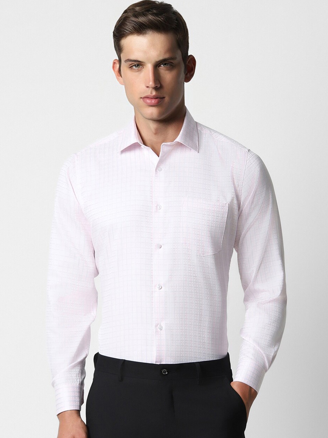 

Van Heusen Grid Tattersall Checks Spread Collar Long Sleeves Opaque Checked Formal Shirt, Pink