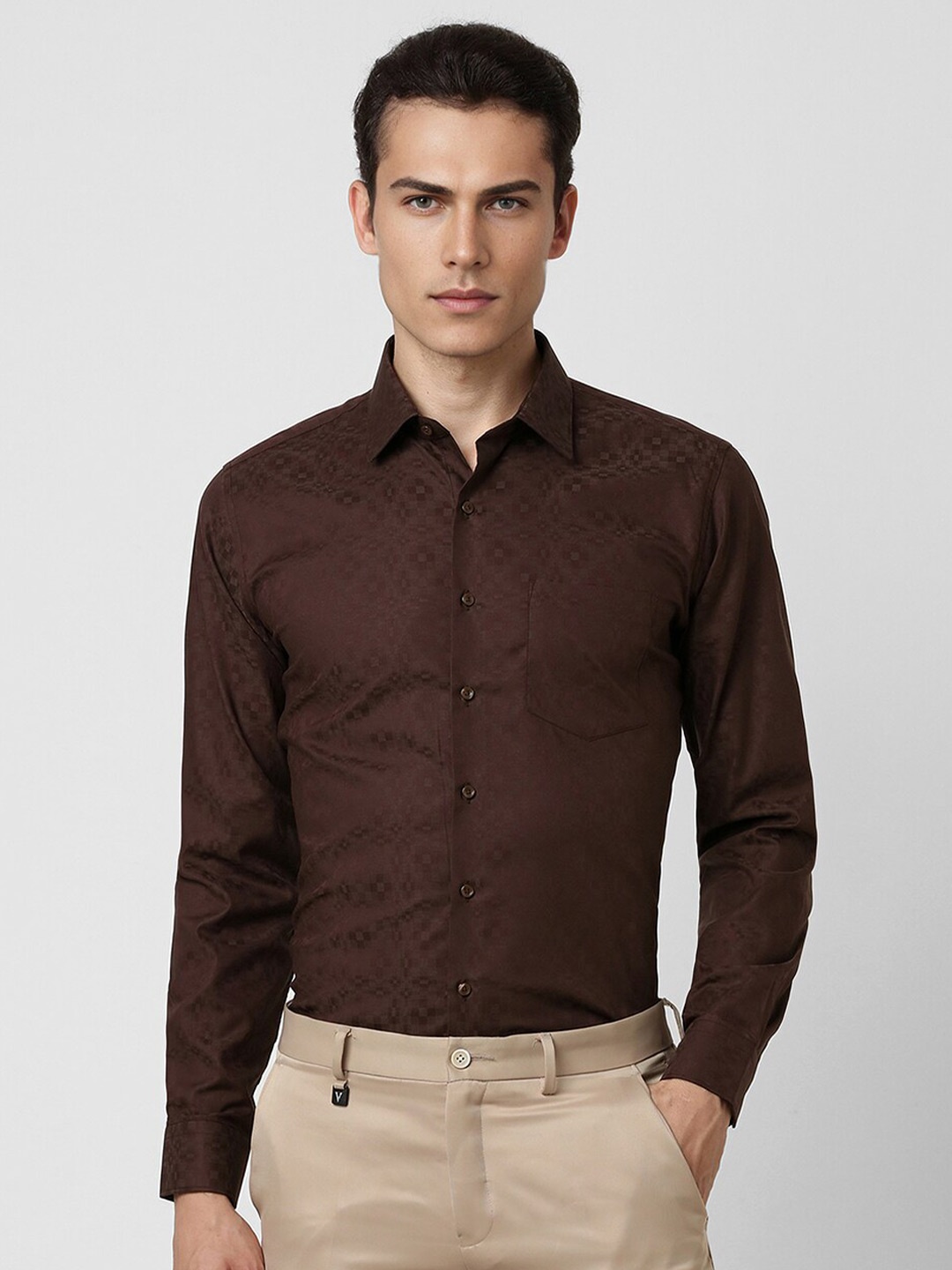 

Van Heusen Slim Fit Self Designed Spread Collar Casual Shirt, Brown