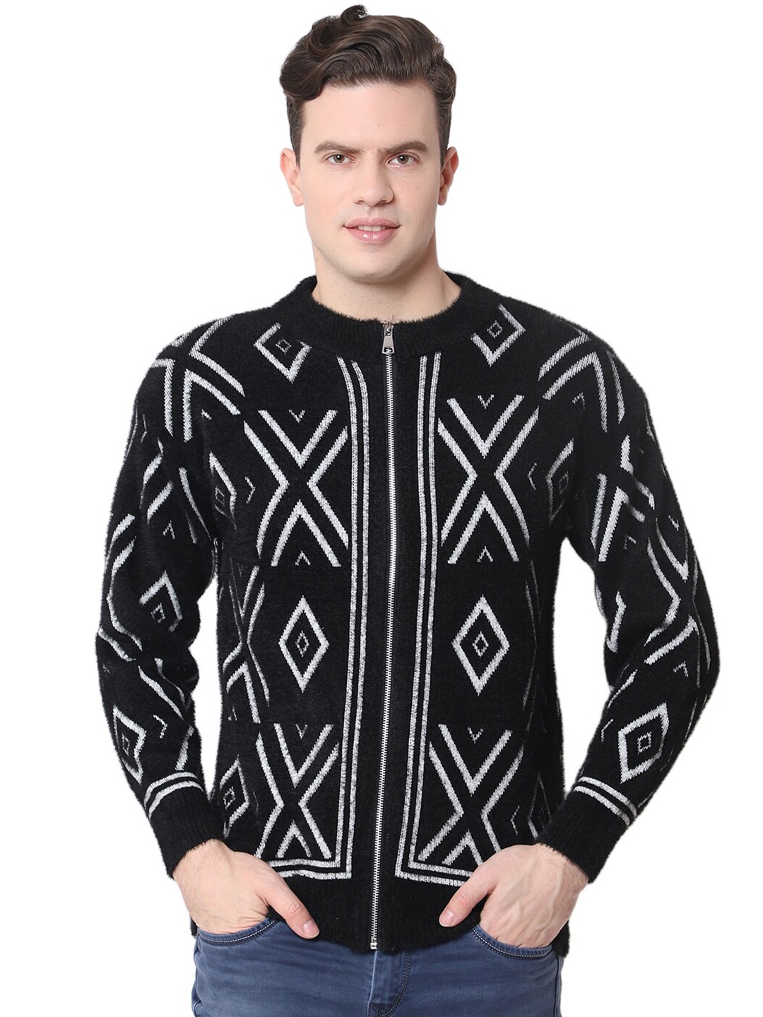 

Zacharias Geometric Printed Woollen Front-Open Sweaters, Black