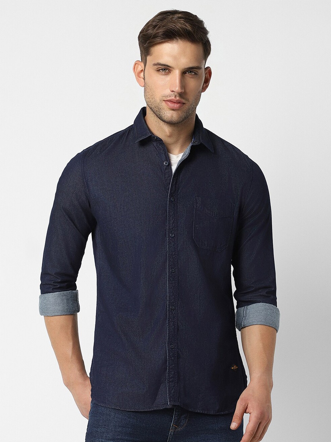 

VAN HEUSEN DENIM LABS Slim Fit Spread Collar Pure Cotton Casual Shirt, Navy blue