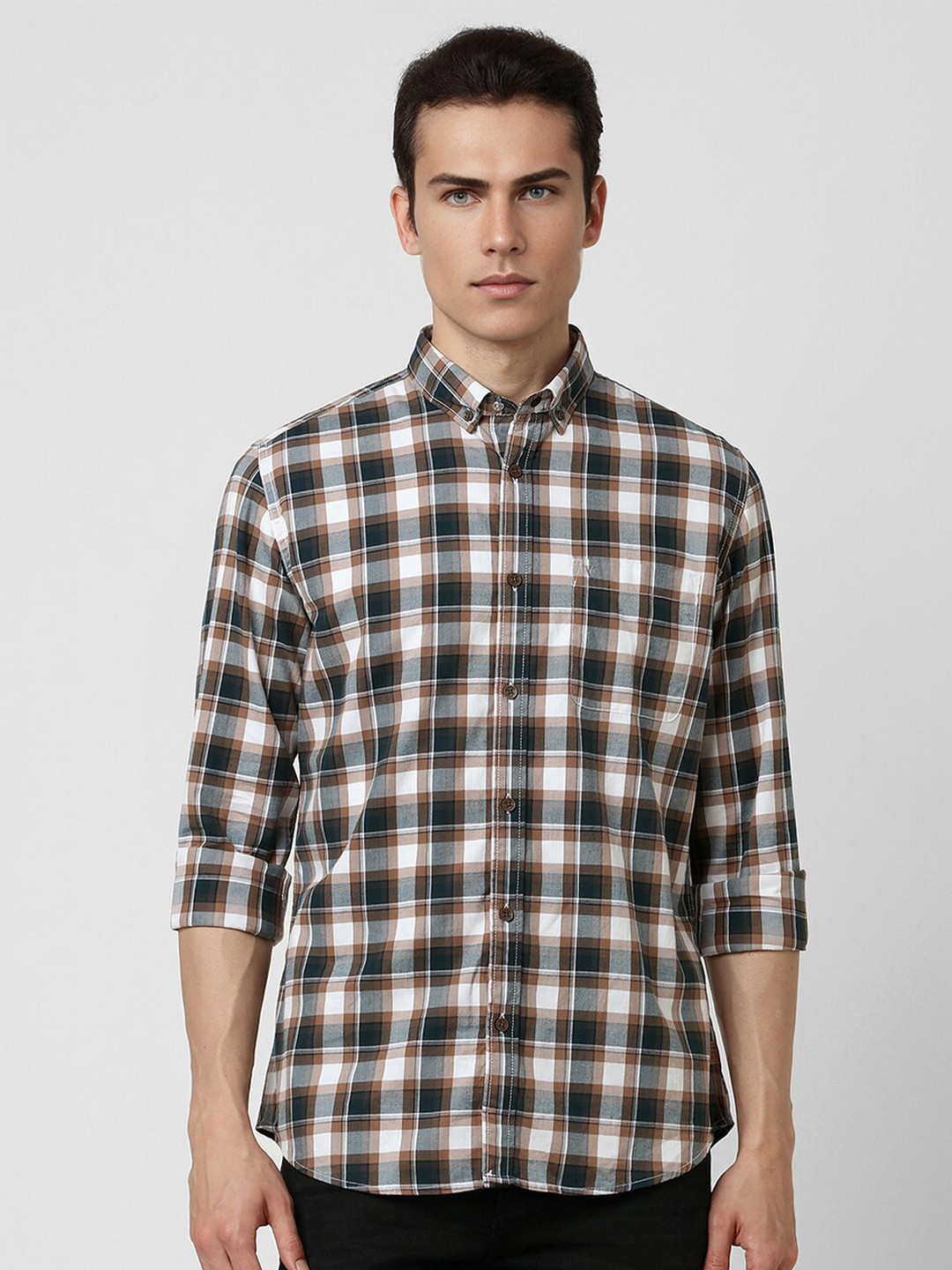 

VAN HEUSEN DENIM LABS Slim Fit Tartan Checked Button-Down Collar Pure Cotton Casual Shirt, White