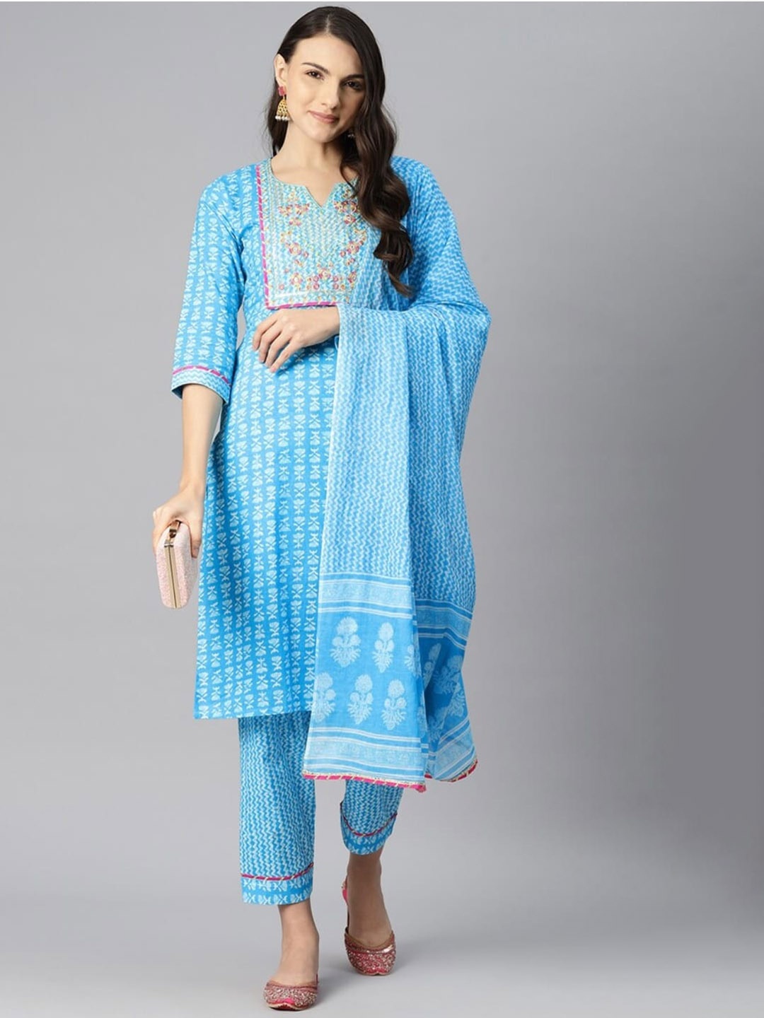

KALINI Ethnic Motifs Printed Regular Sequinned Pure Cotton Kurta with Trousers & Dupatta, Turquoise blue
