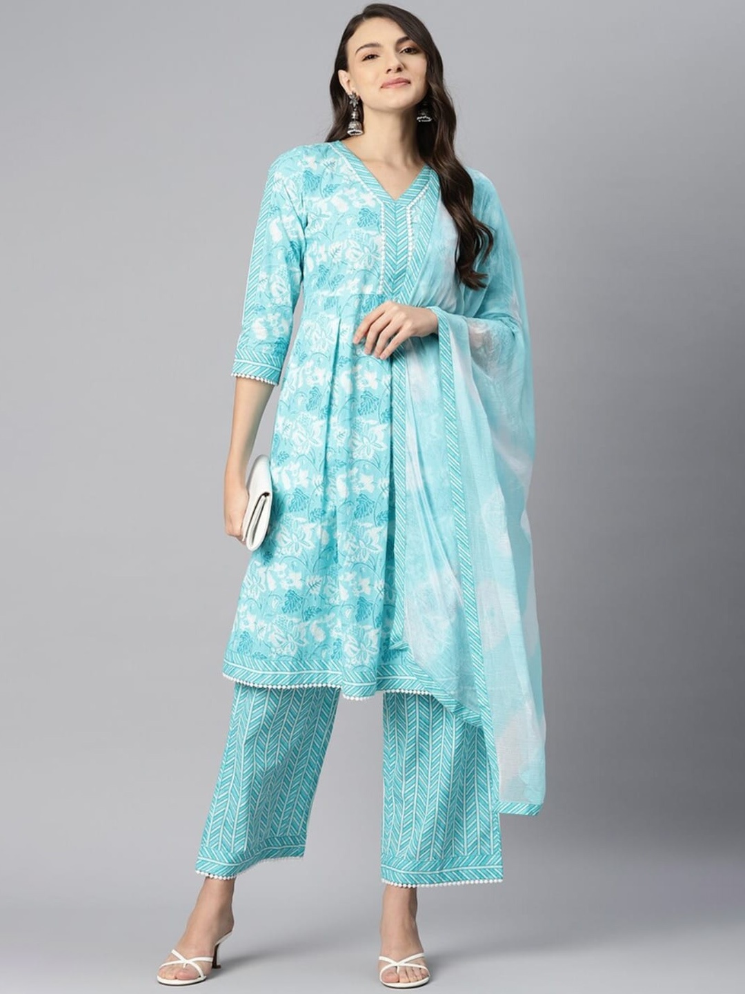 

KALINI Floral Printed Empire Pure Cotton Kurta with Palazzos & Dupatta, Turquoise blue