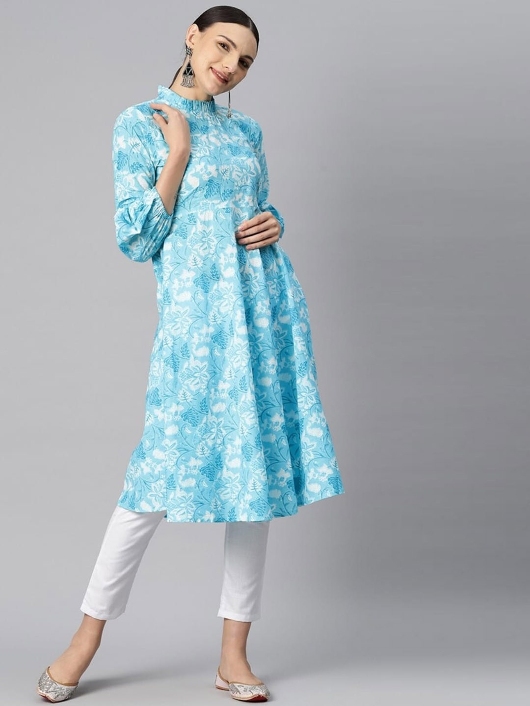 

KALINI Floral Printed Mock Collar Pure Cotton A-Line Kurta, Turquoise blue