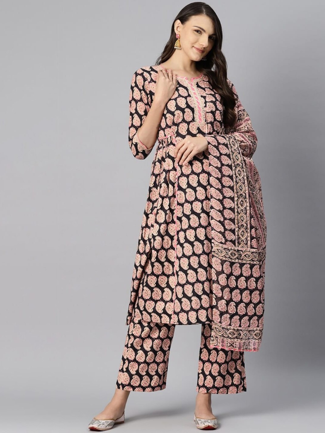 

KALINI Paisley Printed Empire Pure Cotton Kurta with Palazzos & With Dupatta, Black