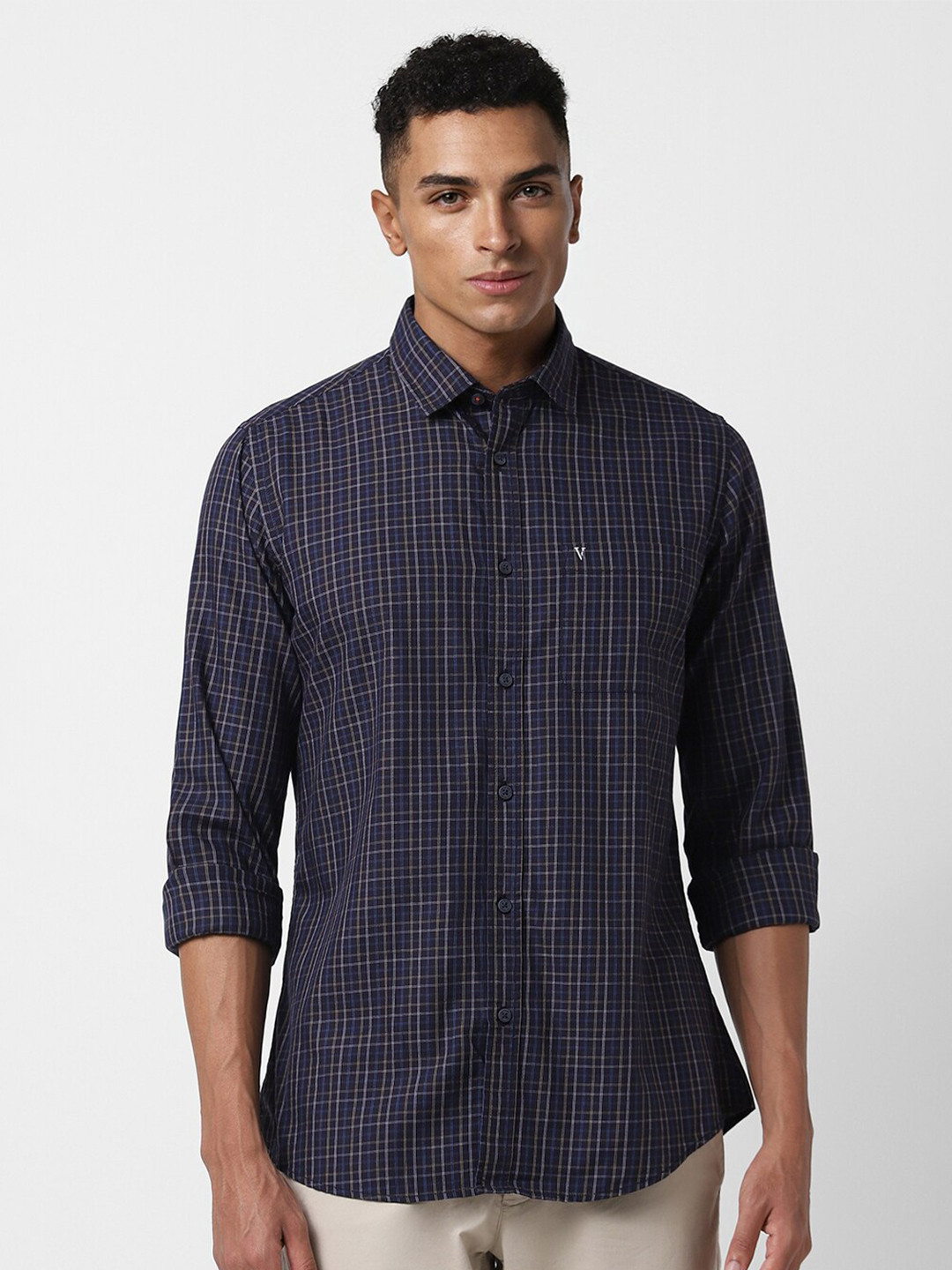 

Van Heusen Sport Slim Fit Cotton Checked Casual Shirt, Navy blue