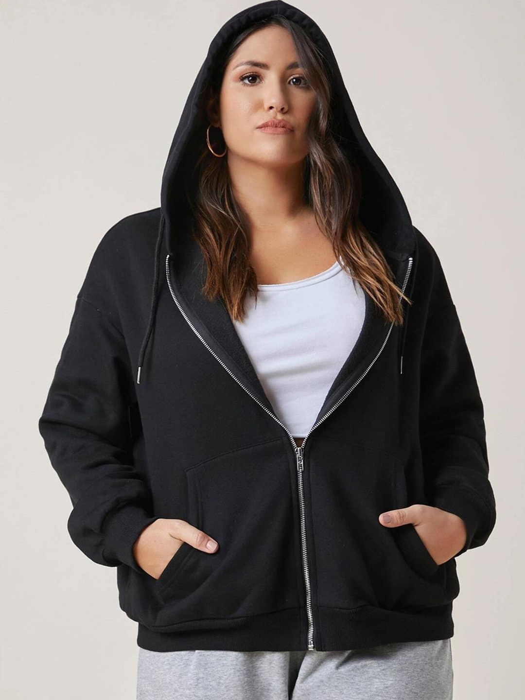 

Kotty Plus Size Hooded Fleece Front-Open Sweatshirt, Black