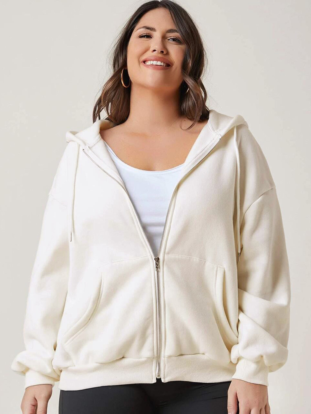 

Kotty Plus Size Hooded Fleece Front-Open Sweatshirt, White