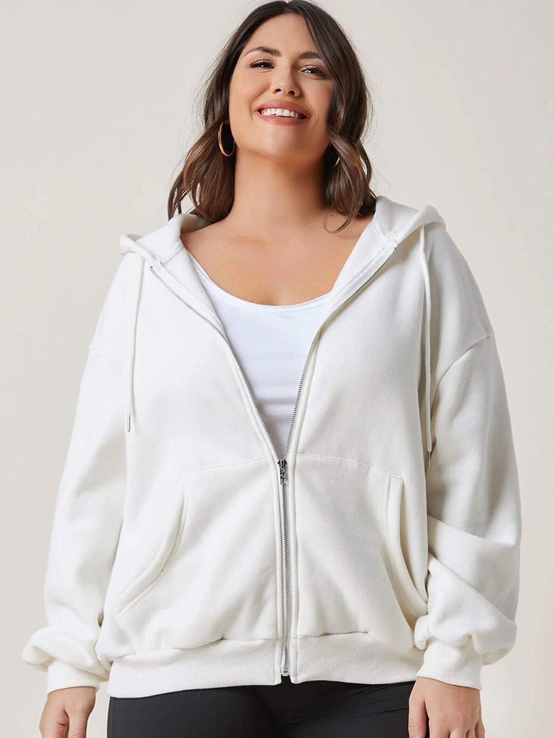 

Kotty Plus Size Hooded Fleece Front-Open Sweatshirt, White