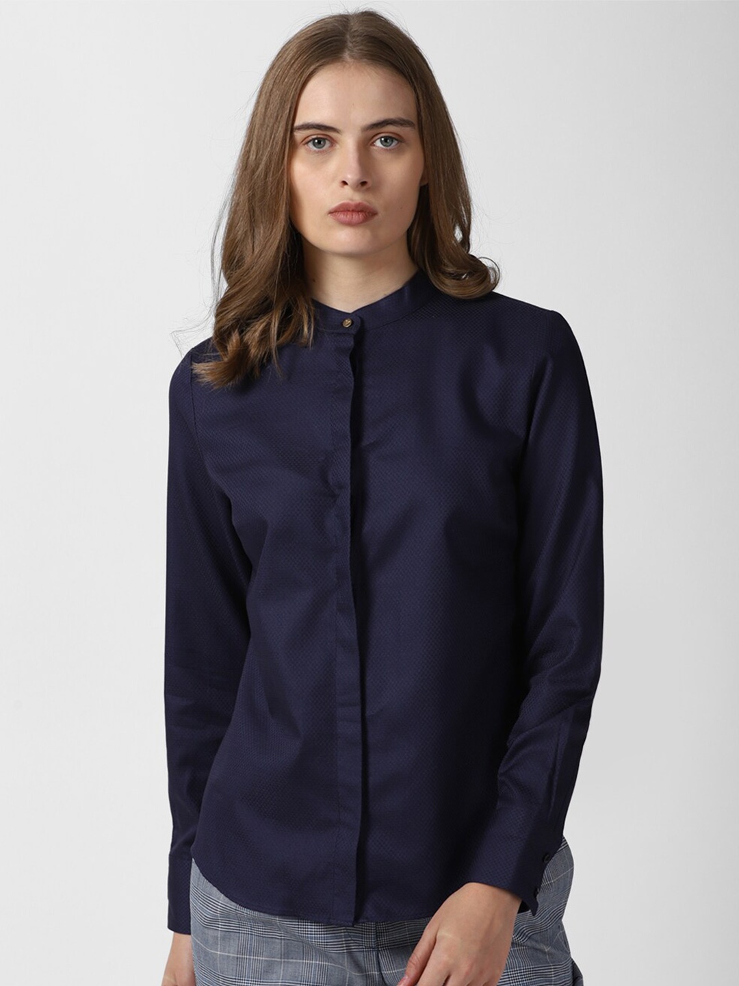 

Van Heusen Woman Self Design Mandarin Collar Cotton Formal Shirt, Purple