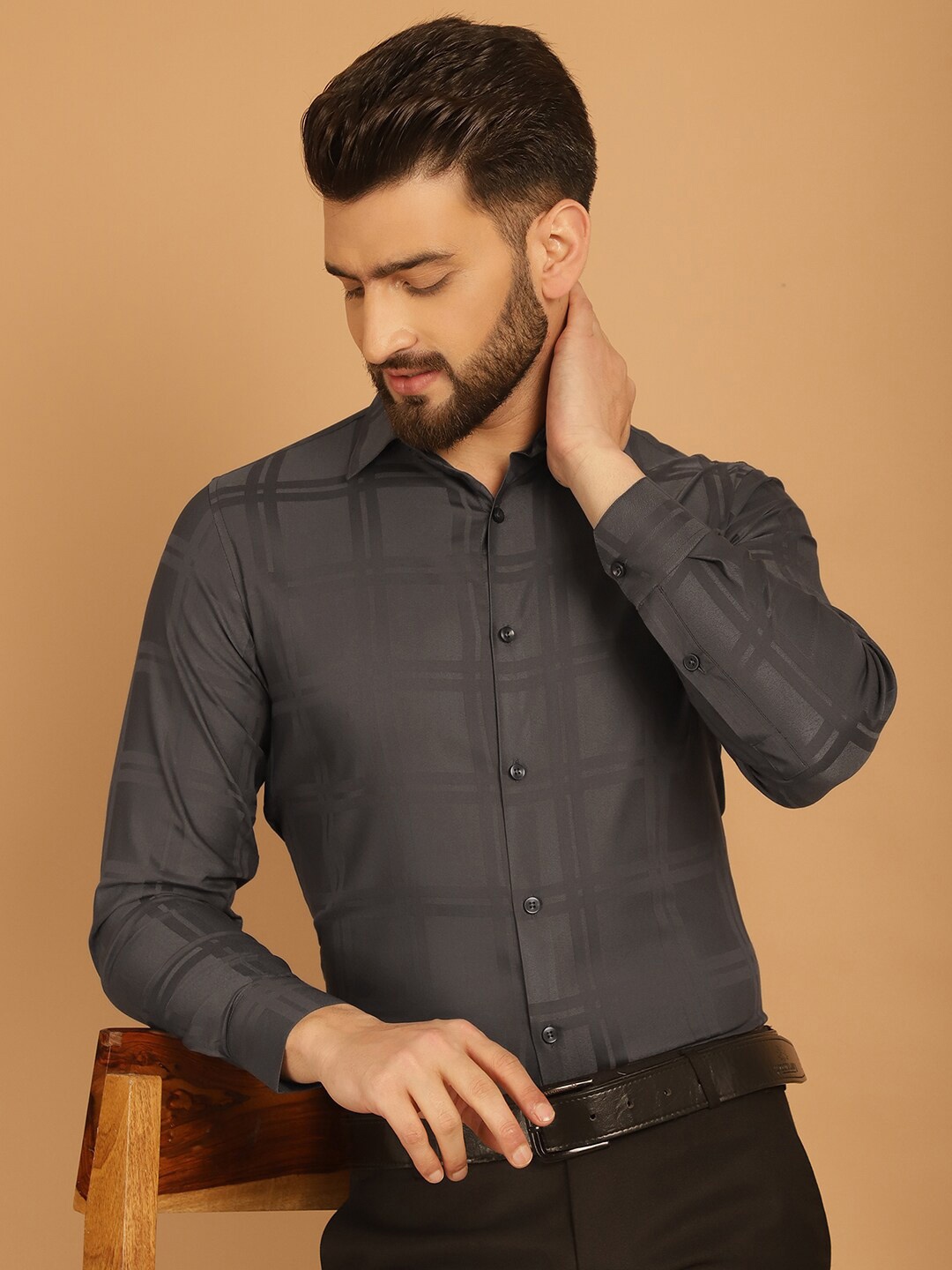 

Indian Needle Classic Checked Spread Collar Formal Shirt, Charcoal