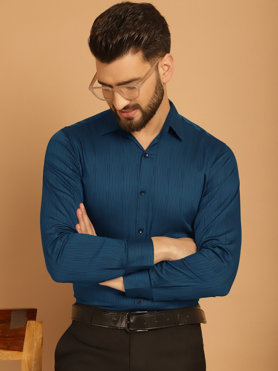Indian Needle Classic Vertical Stripes Opaque Cotton Formal Shirt, Blue