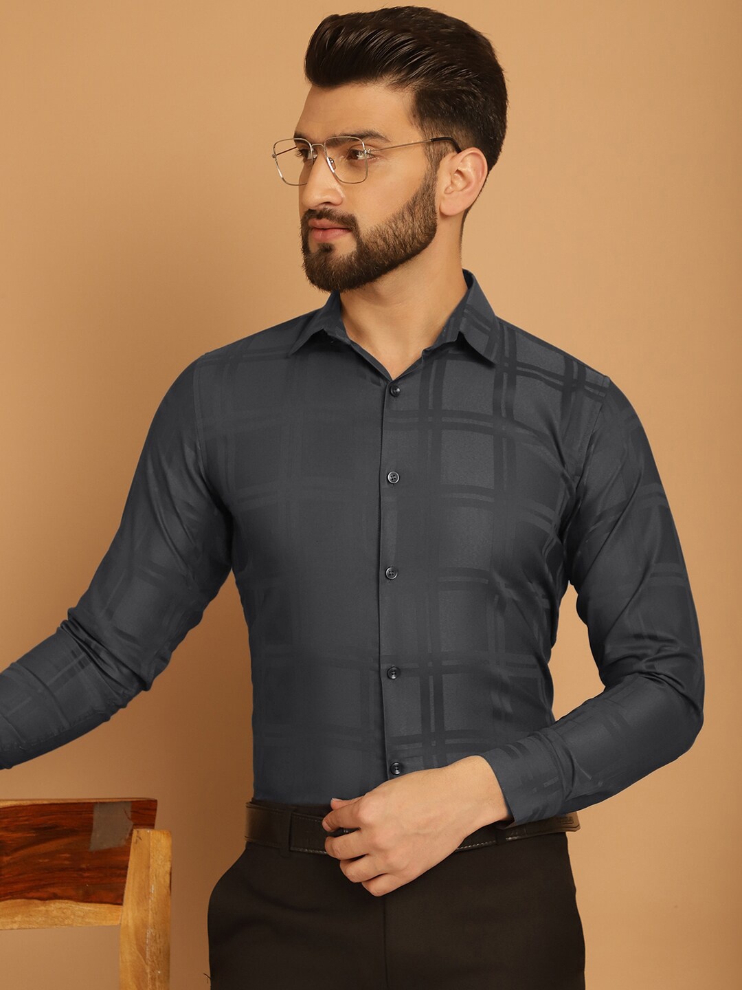 

Indian Needle Windowpane Checked Classic Pure Cotton Formal Shirt, Charcoal