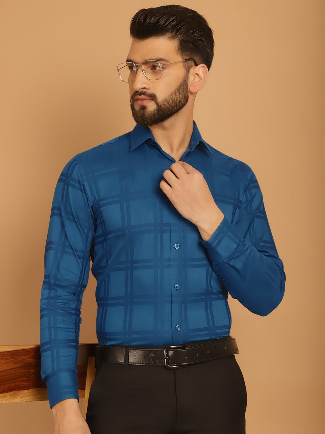 Indian Needle Checks Checked Spread Collar Formal Shirt, Blue