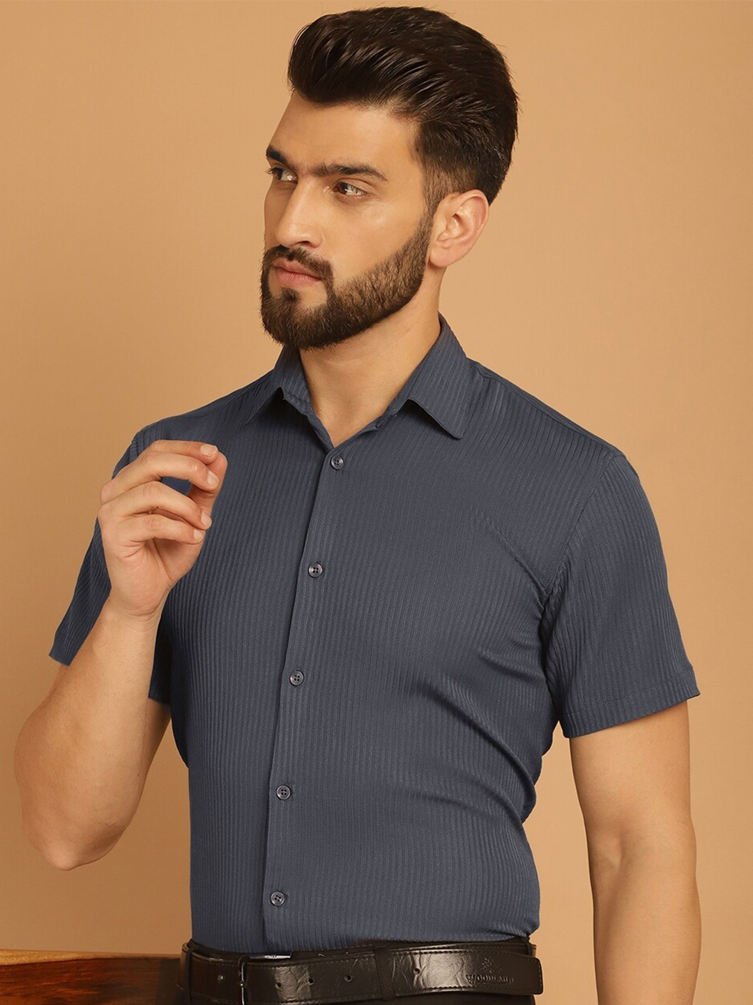 

Indian Needle Classic Spread Collar Short Sleeves Striped Wrinkle Free Formal Shirt, Charcoal