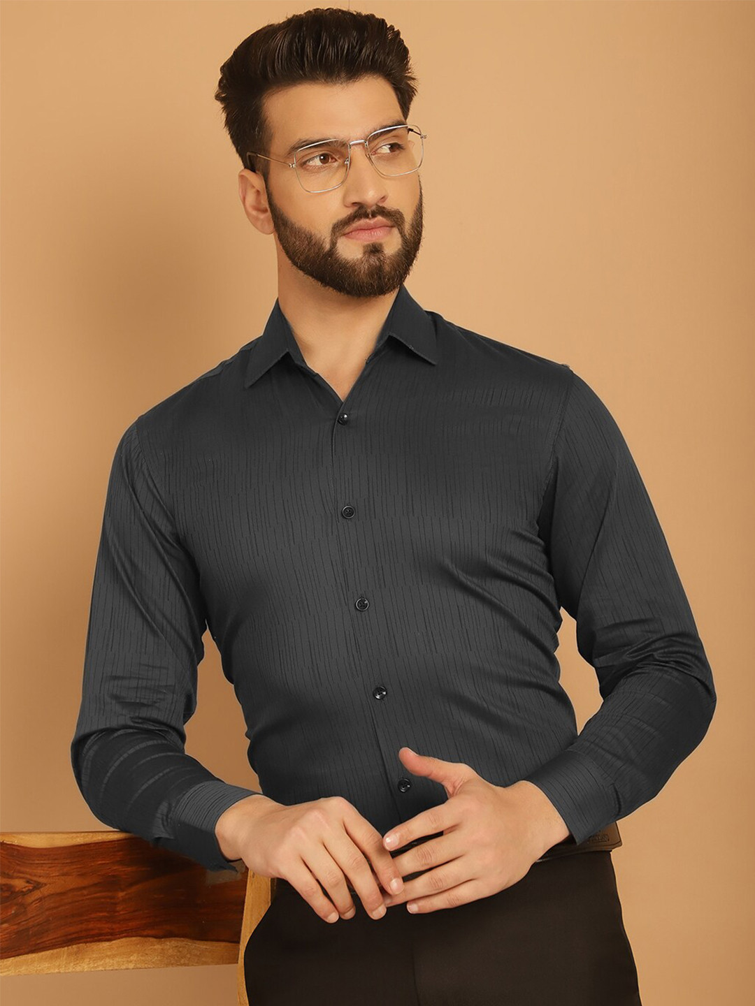 

Indian Needle Men Classic Opaque Striped Regular Fit Cotton Formal Shirt, Charcoal