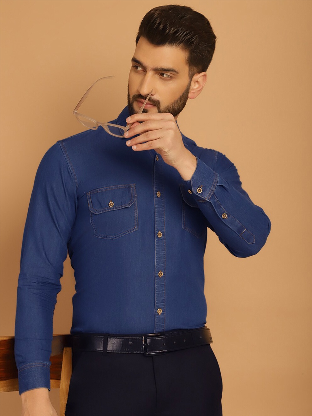 

Indian Needle Classic Mandarin Collar Long Sleeves Regular Fit Formal Shirt, Blue