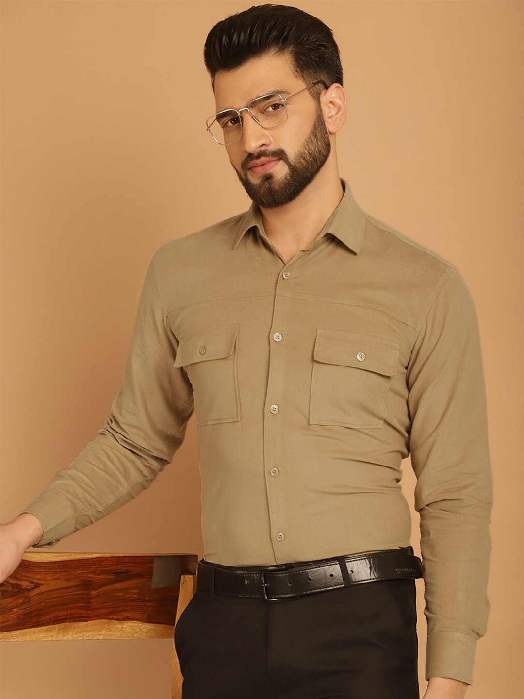 

Indian Needle Classic Spread Collar Long Sleeves Regular Fit Formal Shirt, Beige