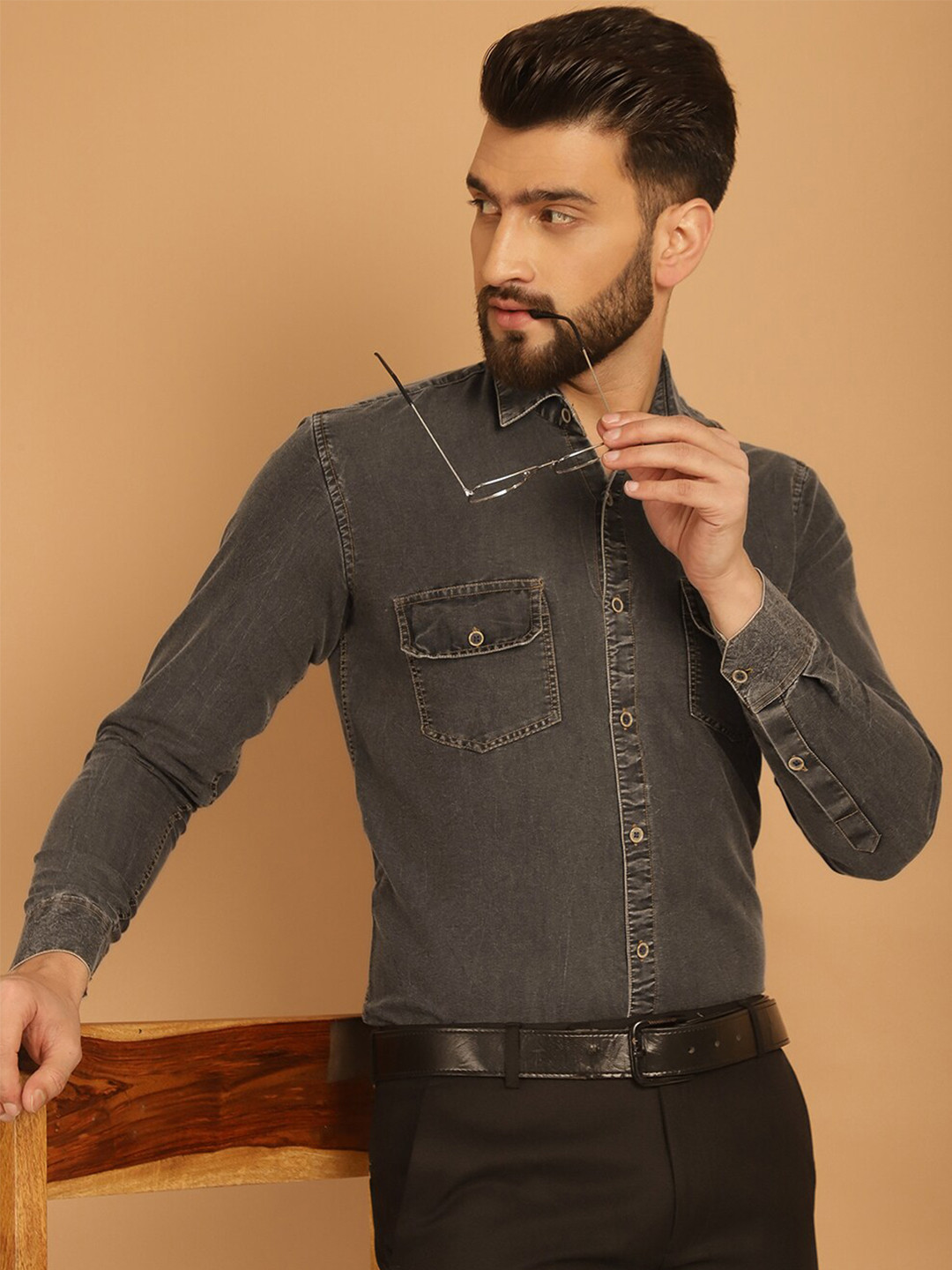 

Indian Needle Classic Spread Collar Long Sleeves Faded Regular Fit Formal Shirt, Grey