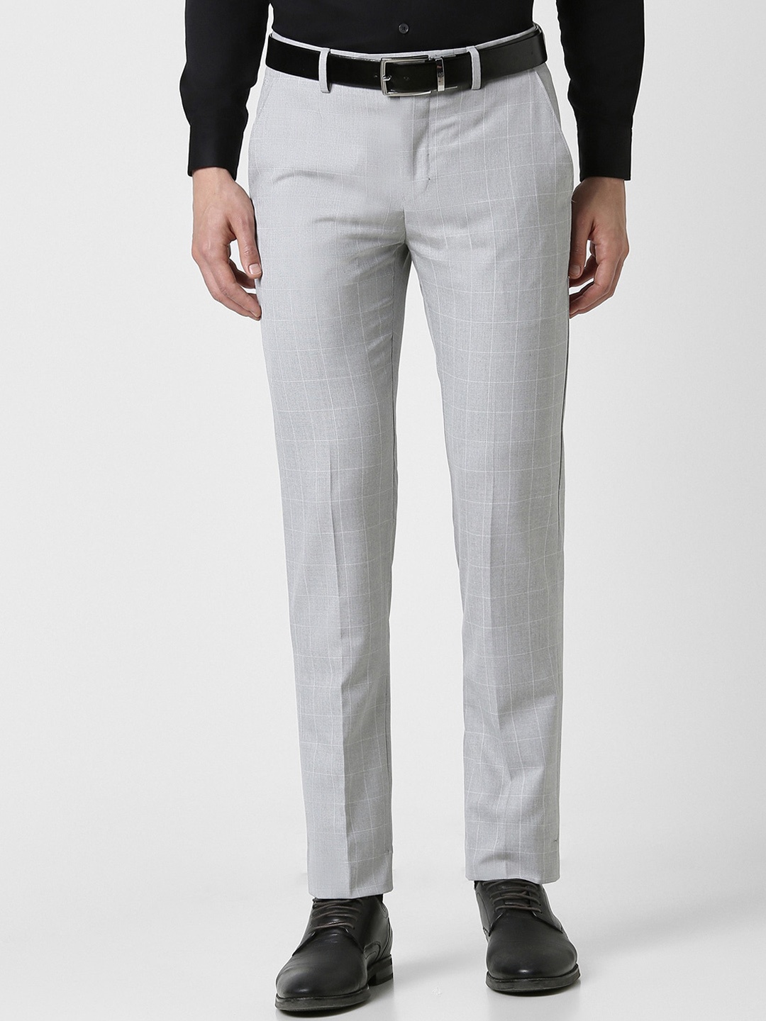 

Peter England Men Checked Slim Fit Formal Trousers, Grey