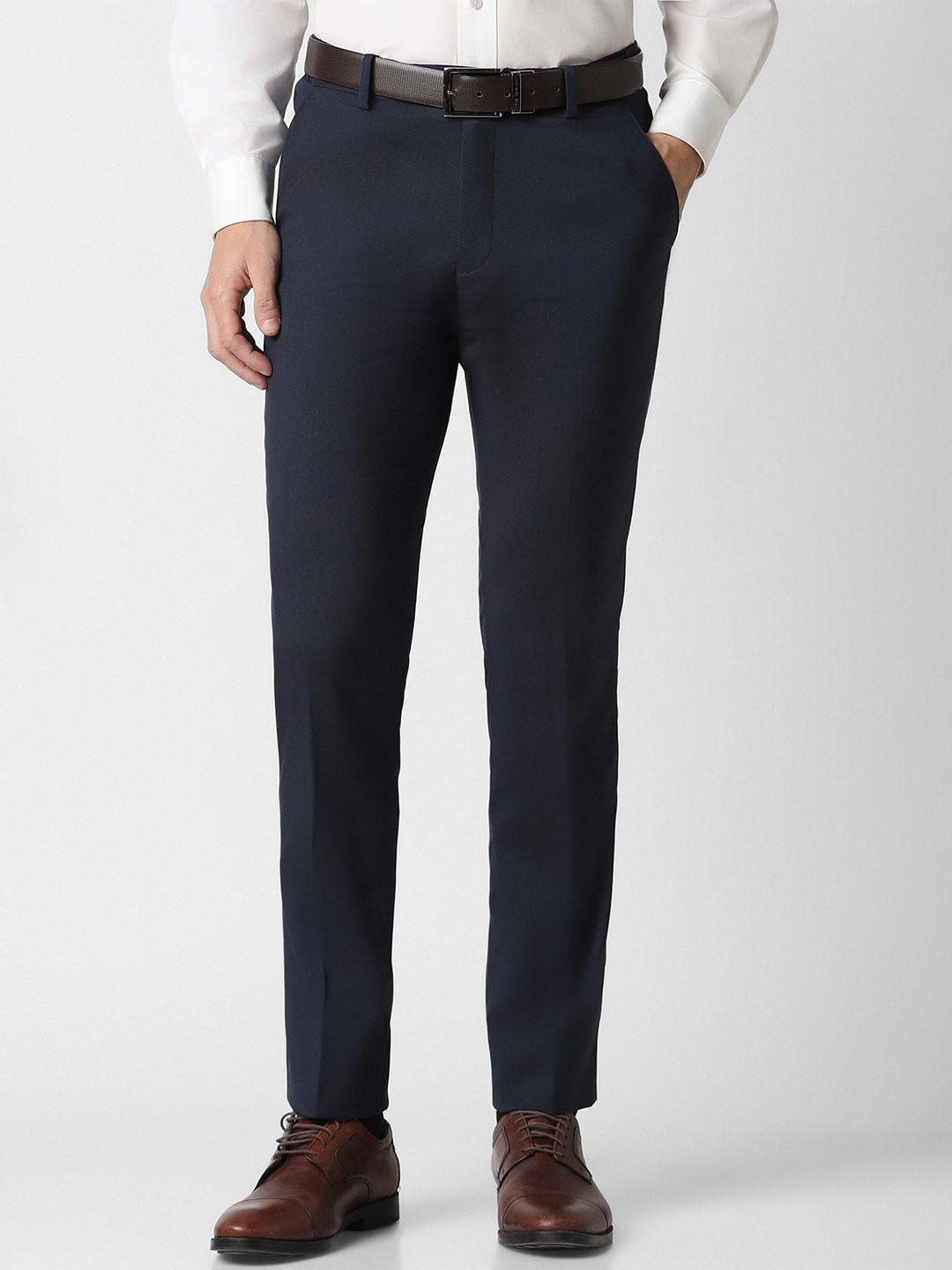 

Peter England Men Slim Fit Textured Self Design Formal Trousers, Navy blue