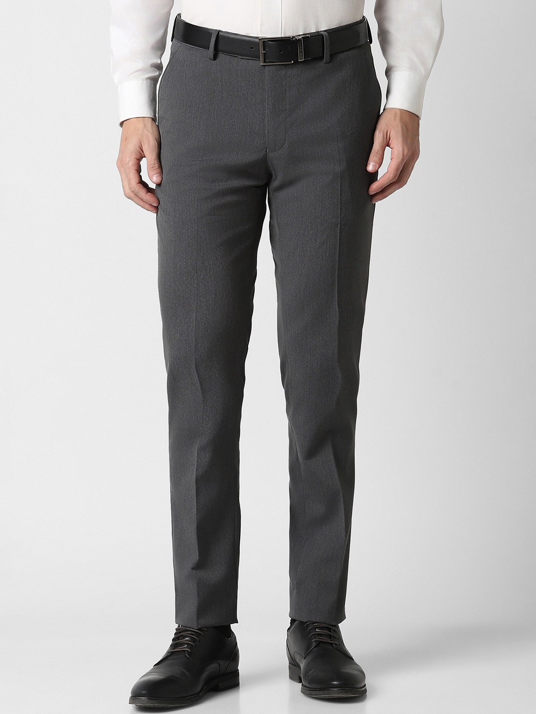 

Peter England Men Slim Fit Textured Self Design Formal Trousers, Grey